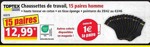 TOPTEX Chaussettes de travail, 15 paires homme