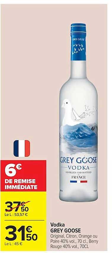 Vodka GREY GOOSE Original, Citron, Orange ou Poire 40% vol., 70 cl, Berry Rouge 40% vol., 70CL