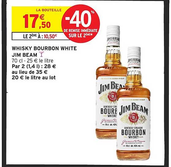 WHISKY BOURBON WHITE JIM BEAM 70 cl - 25 € le litre