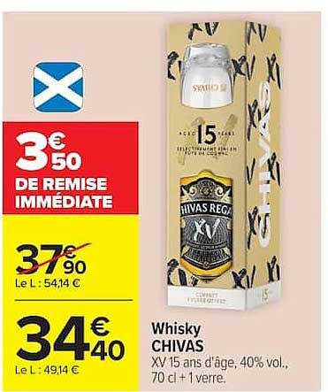 Whisky CHIVAS XV 15 ans d'âge, 40% vol., coffret 1 L + 1 verre