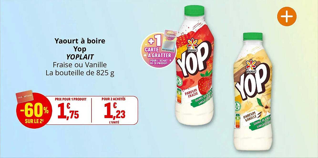 Yaourt à boire Yop YOPLAIT Fraise ou Vanille La bouteille de 825 g