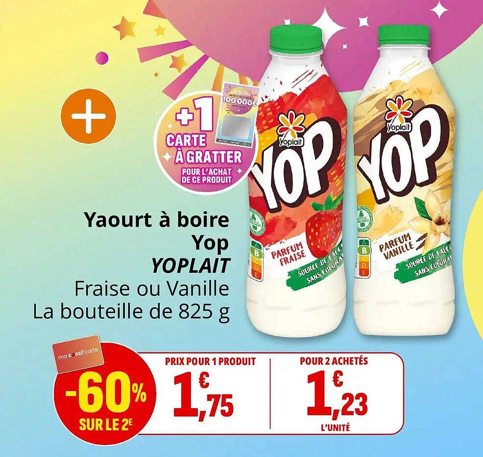 Yaourt à boire Yop YOPLAIT Fraise ou Vanille La bouteille de 825 g