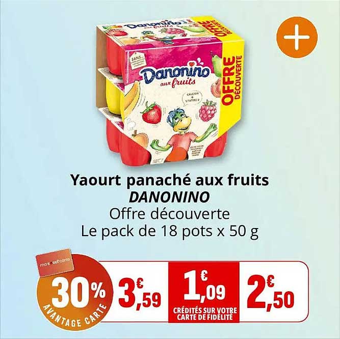 Yaourt panaché aux fruits DANONINO Offre découverte Le pack de 18 pots x 50 g