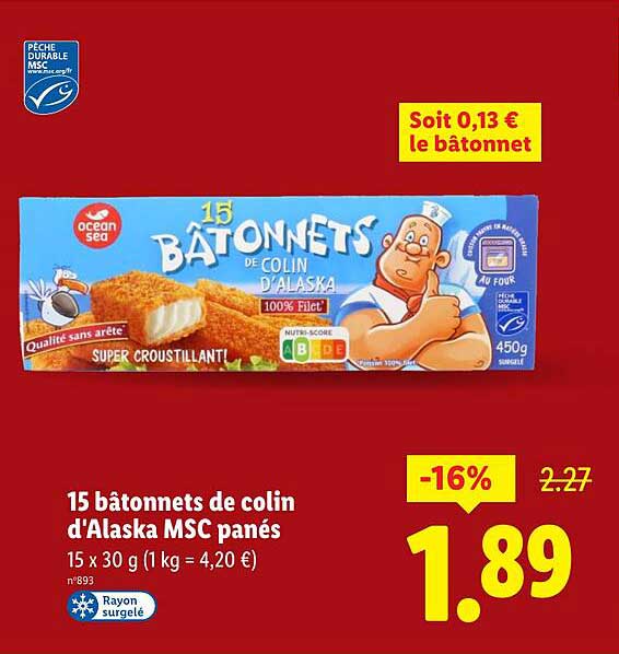 15 bâtonnets de colin d'Alaska MSC panés