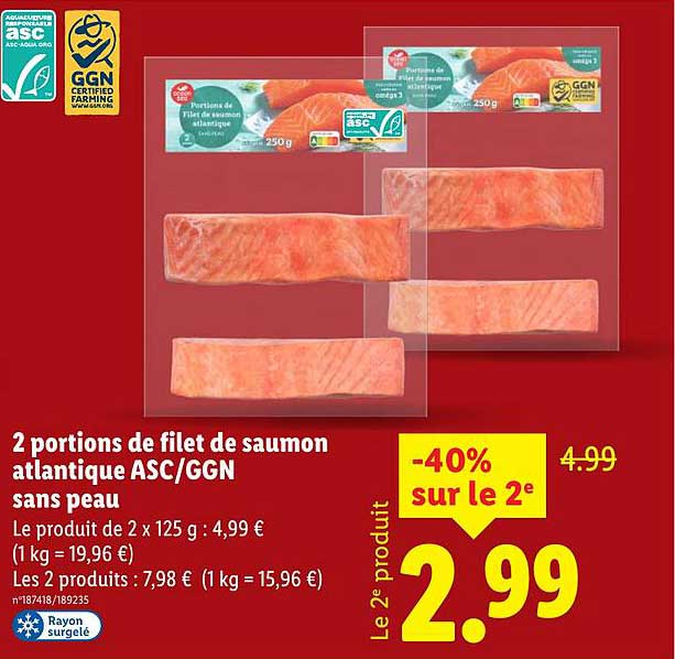 2 portions de filet de saumon atlantique ASC/GGN sans peau