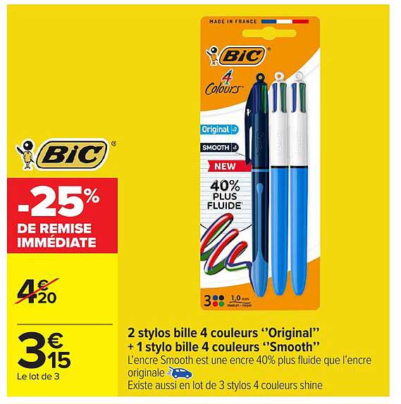 2 stylos bille 4 couleurs “Original” + 1 stylo bille 4 couleurs “Smooth”