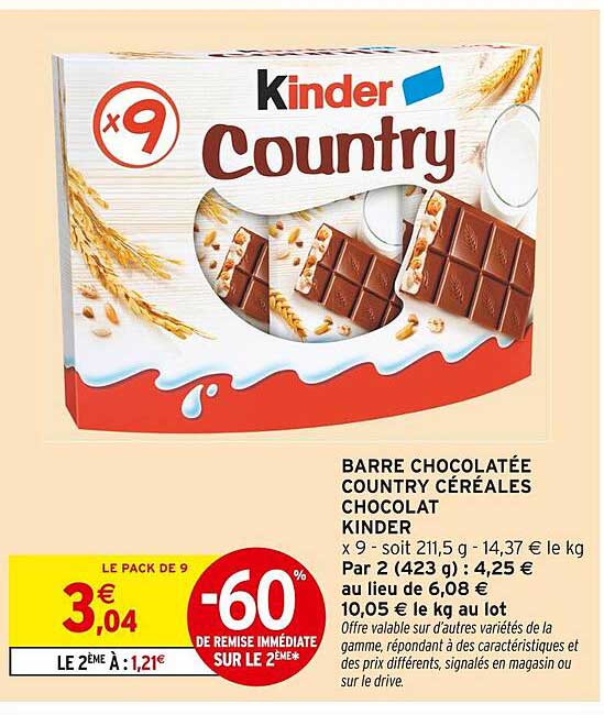 BARRE CHOCOLATÉE COUNTRY CÉRÉALES CHOCOLAT KINDER