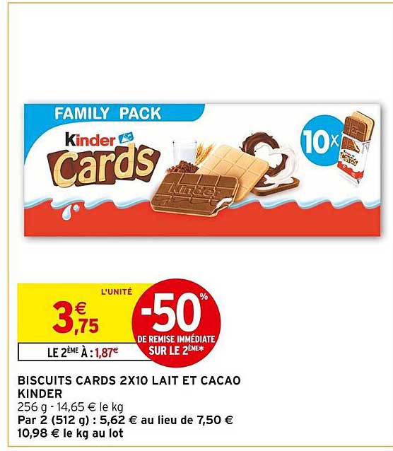 BISCUITS CARDS 2X10 LAIT ET CACAO KINDER