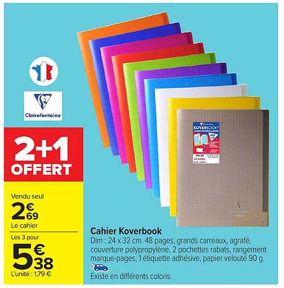 Cahier Koverbook - 2€69 le cahier, 2+1 offert