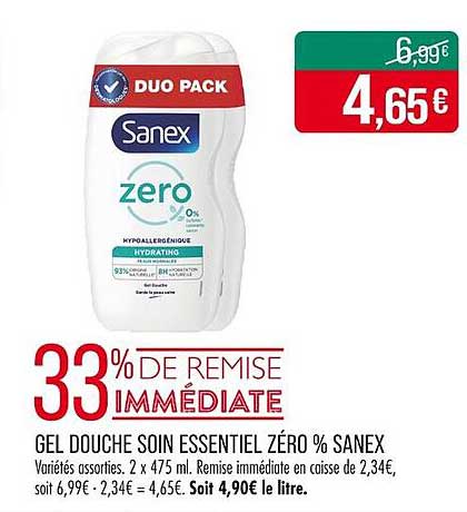 DUO PACK GEL DOUCHE SOIN ESSENTIEL ZÉRO % SANEX