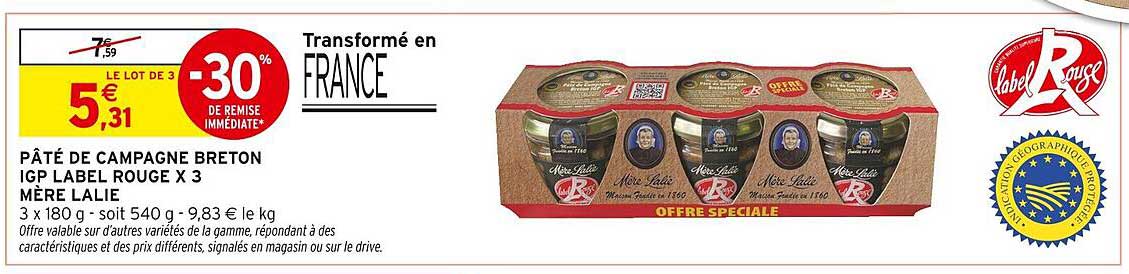 PÂTÉ DE CAMPAGNE BRETON IGP LABEL ROUGE X 3 MÈRE LALIE