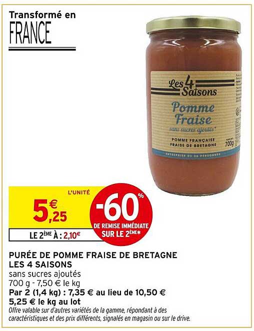 Purée de pomme fraise de Bretagne Les 4 Saisons