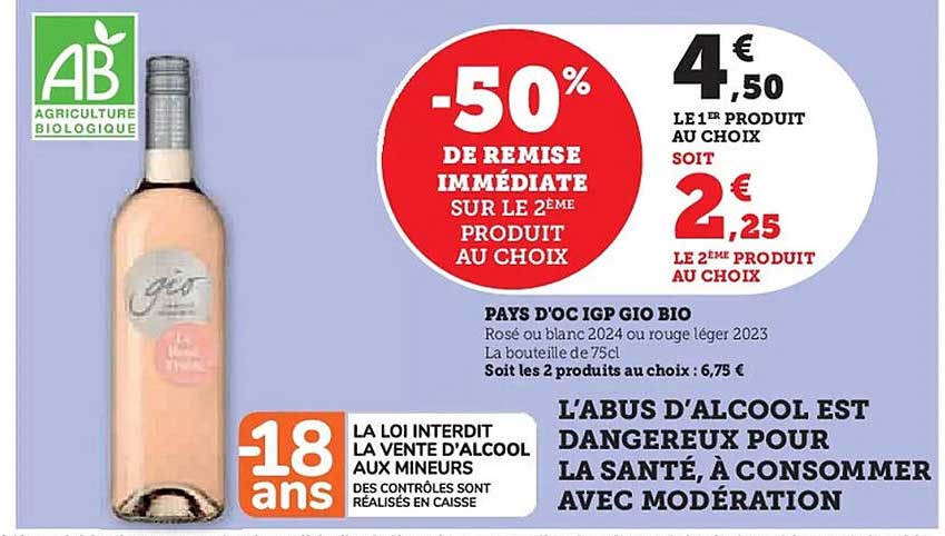 Rosé ou blanc 2024 ou rouge léger 2023 - 50% de remise immédiate sur le 2ème produit au choix