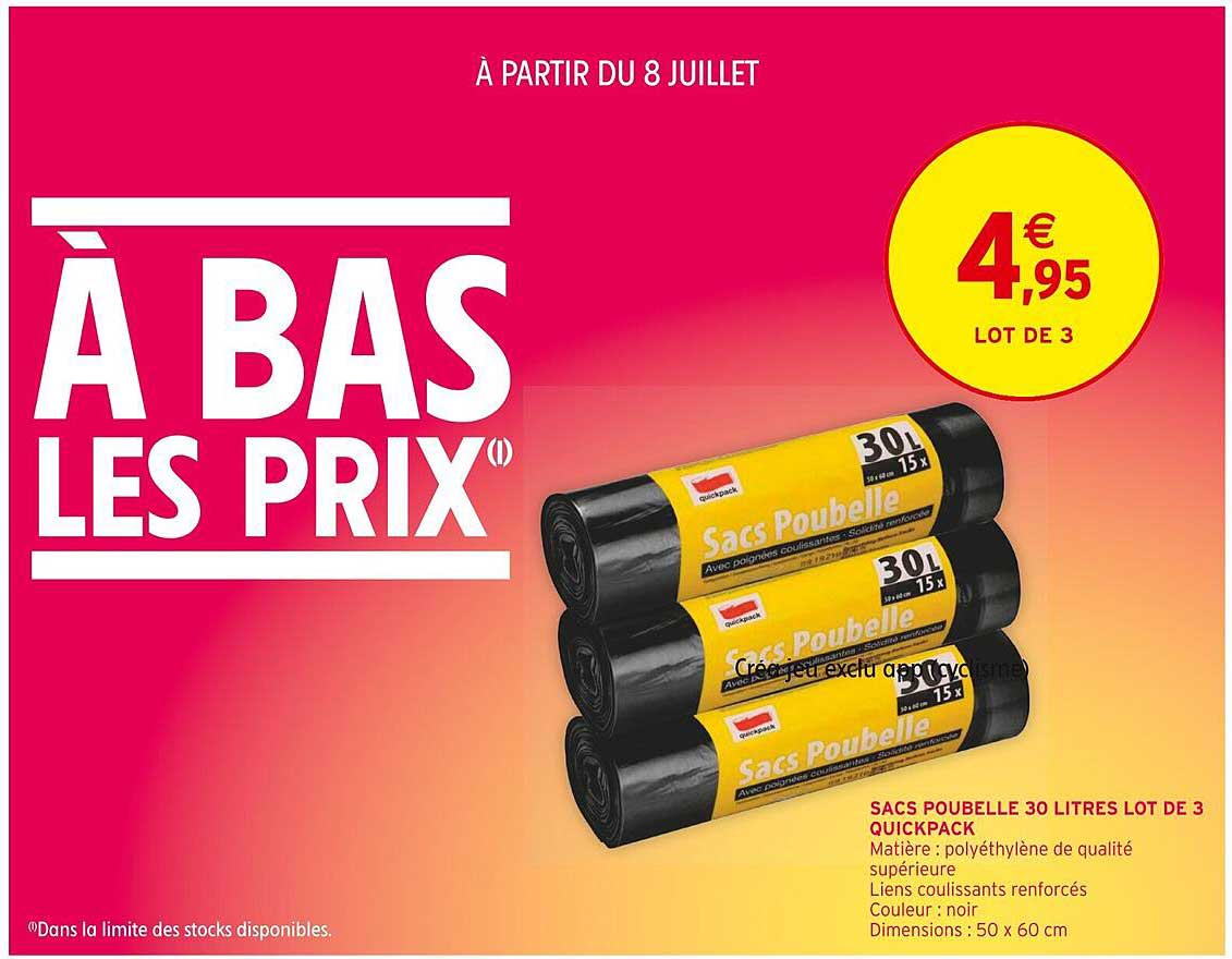 SACS POUBELLE 30 LITRES LOT DE 3 QUICKPACK