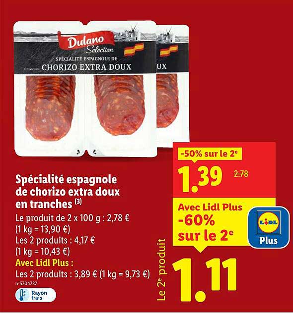 Spécialité espagnole de chorizo extra doux en tranches