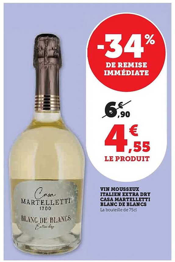 VIN MOUSSEUX ITALIEN EXTRA DRY CASA MARTELLETI BLANC DE BLANCS