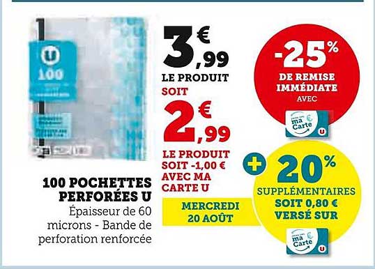 100 POCHETTES PERFORÉES U