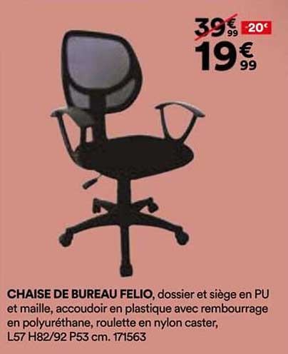 CHAISE DE BUREAU FELIO, dossier et siège en PU et maille, accoudoir en plastique avec rembourrage en polyuréthane, roulette en nylon caster, L57 H82/92 P53 cm. 171563