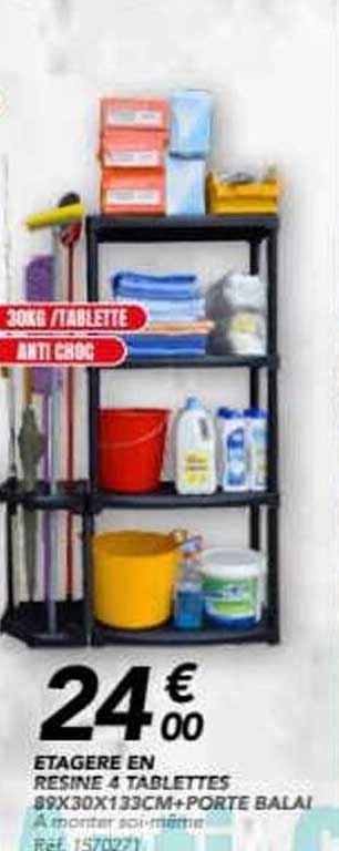 ETAGERE EN RESINE 4 TABLETTES 89X30X133CM+PORTE BALAI