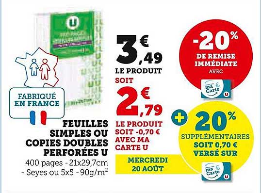 Feuilles simples ou copies doubles perforées U