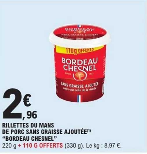 RILLETTES DU MANS DE PORC SANS GRAISSE AJOUTÉE "BORDEAU CHESNEL"