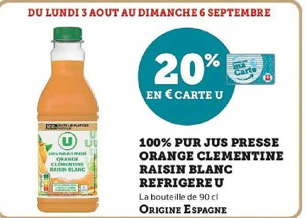 100% PUR JUS PRESSE ORANGE CLEMENTINE RAISIN BLANC REFRIGERE U