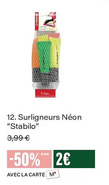 12. Surligneurs Néon “Stabilo”