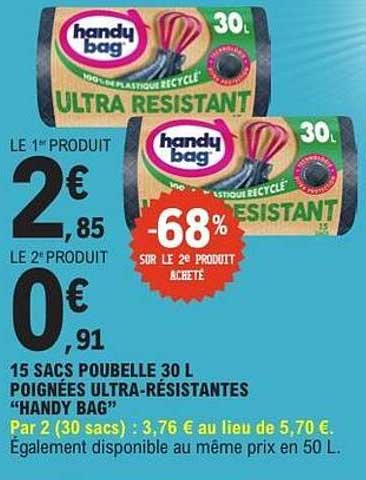 15 SACS POUBELLE 30 L POIGNÉES ULTRA-RÉSISTANTES “HANDY BAG”