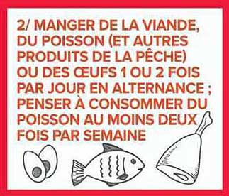 2/ MANGER DE LA VIANDE, DU POISSON (ET AUTRES PRODUITS DE LA PÊCHE) OU DES ŒUFS 1 OU 2 FOIS PAR JOUR EN ALTERNANCE ; PENSER À CONSOMMER DU POISSON AU MOINS DEUX FOIS PAR SEMAINE