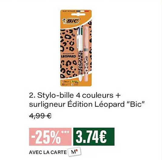 2. Stylo-bille 4 couleurs + surligneur Édition Léopard “Bic”