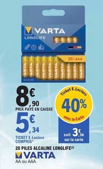 20 PILES ALCALINE LONGLIFE VARTA AA ou AAA.