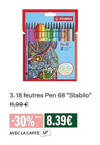 3. 18 feutres Pen 68 “Stabilo”