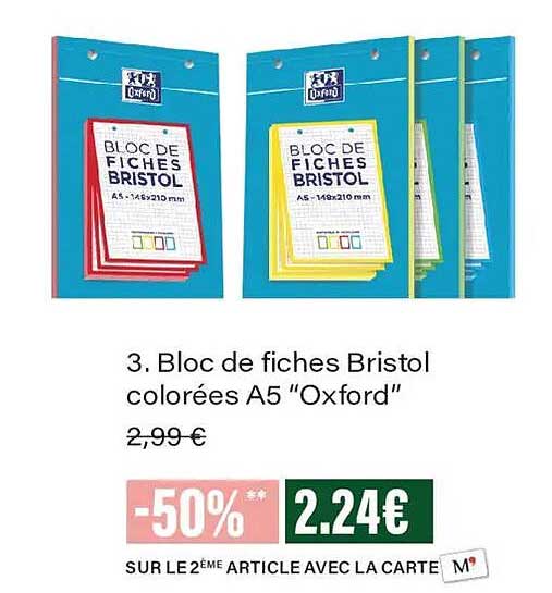 3. Bloc de fiches Bristol colorées A5 "Oxford"