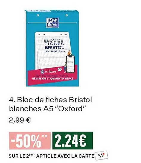 4. Bloc de fiches Bristol blanches A5 “Oxford”