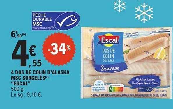 4 DOS DE COLIN D’ALASKA MSC SURGELÉS “ESCAL” 500 g