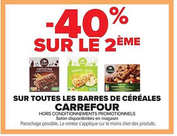 -40% sur le 2ème sur toutes les barres de céréales Carrefour