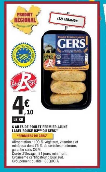 6 AILES DE POULET FERMIER JAUNE LABEL ROUGE IGP DU GERS