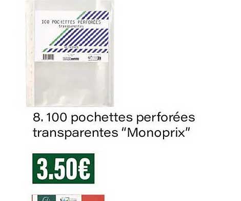 8. 100 pochettes perforées transparentes “Monoprix”