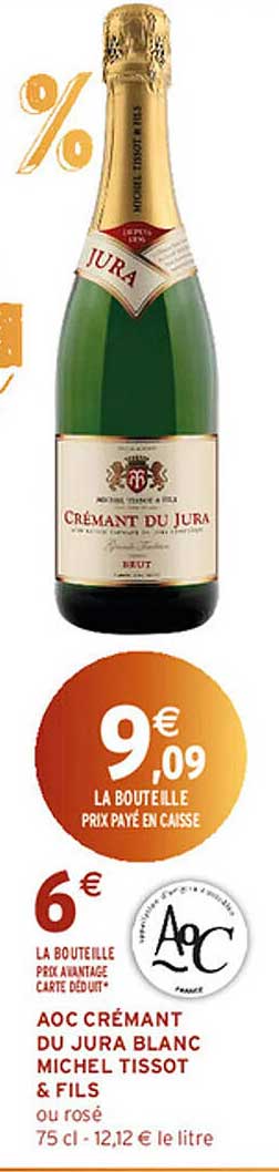 AOC CRÉMANT DU JURA BLANC MICHEL TISSOT & FILS ou rosé 75 cl - 12,12 € le litre