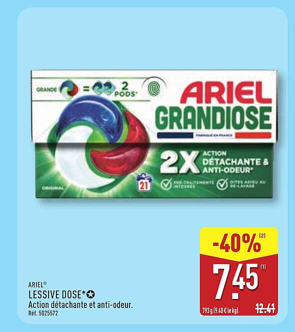 ARIEL LESSIVE DOSE* Action détachante et anti-odeur.