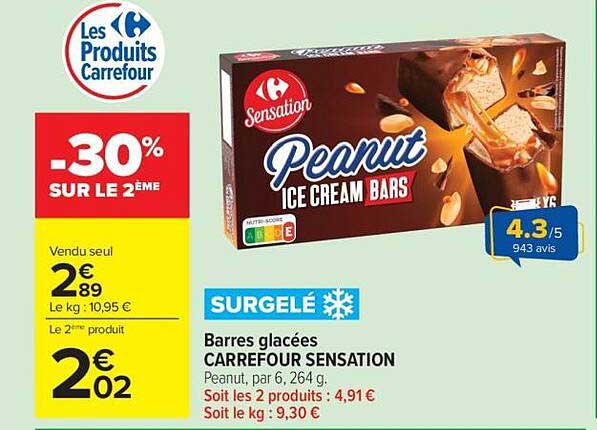 Barres glacées CARREFOUR SENSATION Peanut, par 6, 264 g. -30% SUR LE 2ÈME