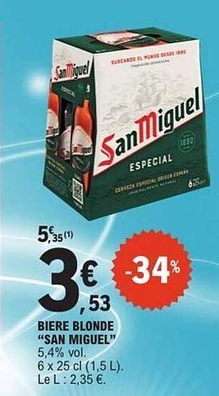 BIERE BLONDE “SAN MIGUEL” 5,4% vol. 6 x 25 cl (1,5 L). Le L : 2,35 €.