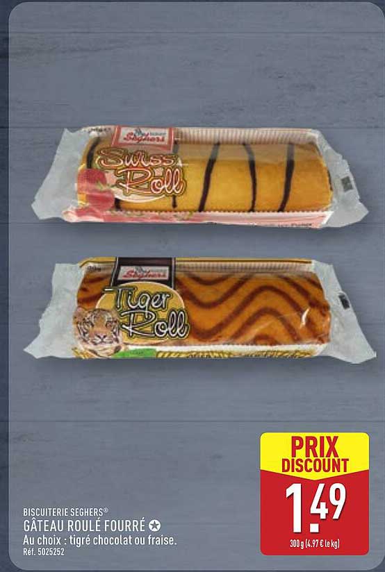 BISCUTERIE SEGHERS® GÂTEAU ROULÉ FOURRÉ Au choix : tigré chocolat ou fraise.