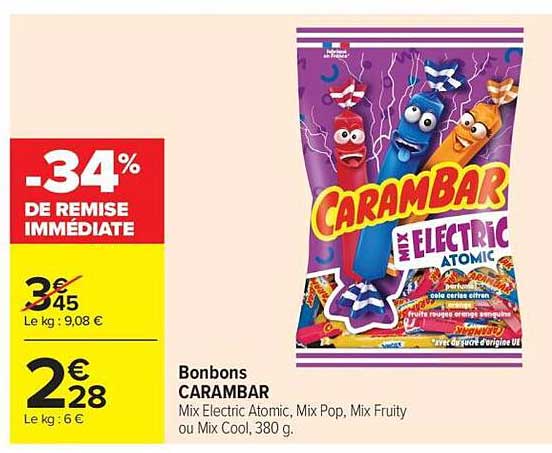 Bonbons CARAMBAR Mix Electric Atomic, Mix Pop, Mix Fruity ou Mix Cool, 380 g.
