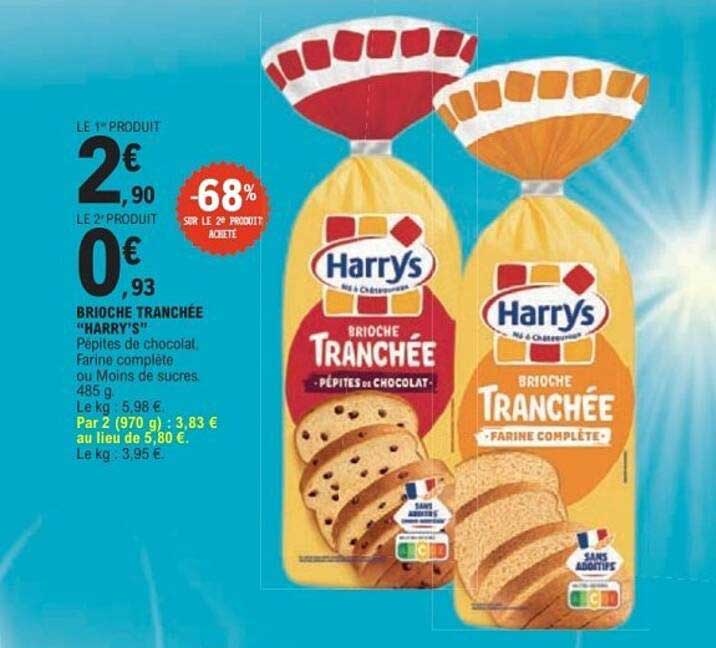 BRIOCHE TRANCHÉE “HARRY'S” Pépites de chocolat. Farine complète ou Moins de sucres. 485 g