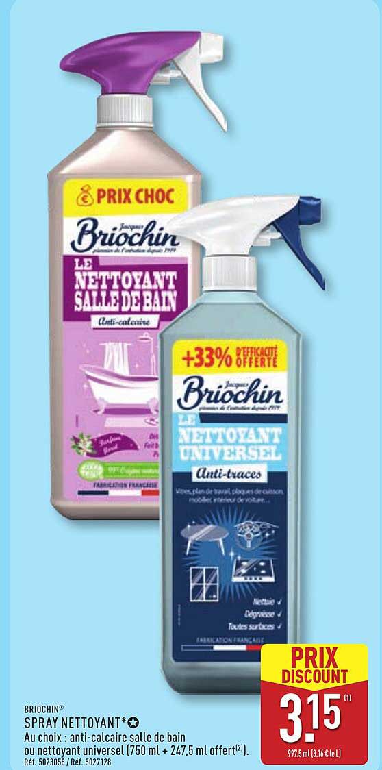 BRIOCHIN SPRAY NETTOYANT* Au choix : anti-calcaire salle de bain ou nettoyant universel (750 ml + 247,5 ml offert[2])