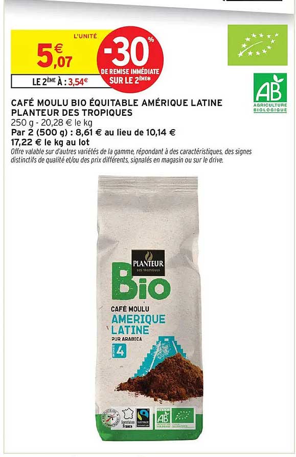CAFÉ MOULU BIO ÉQUITABLE AMÉRIQUE LATINE PLANTEURS DES TROPQUES