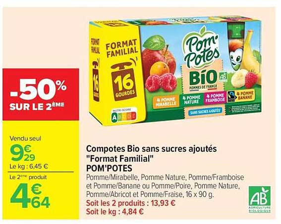 Compotes Bio sans sucres ajoutés "Format Familial" POM'POTES