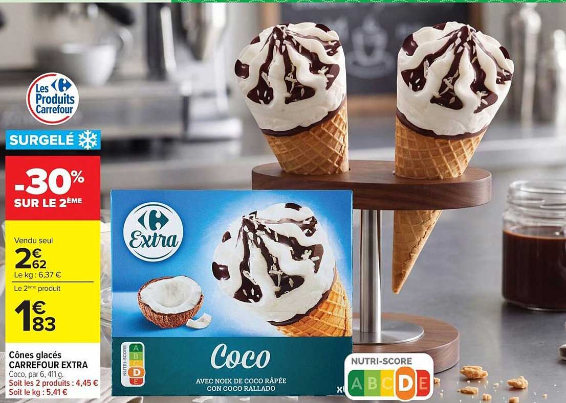 Cônes glacés CARREFOUR EXTRA Coco, par 6, 411 g.