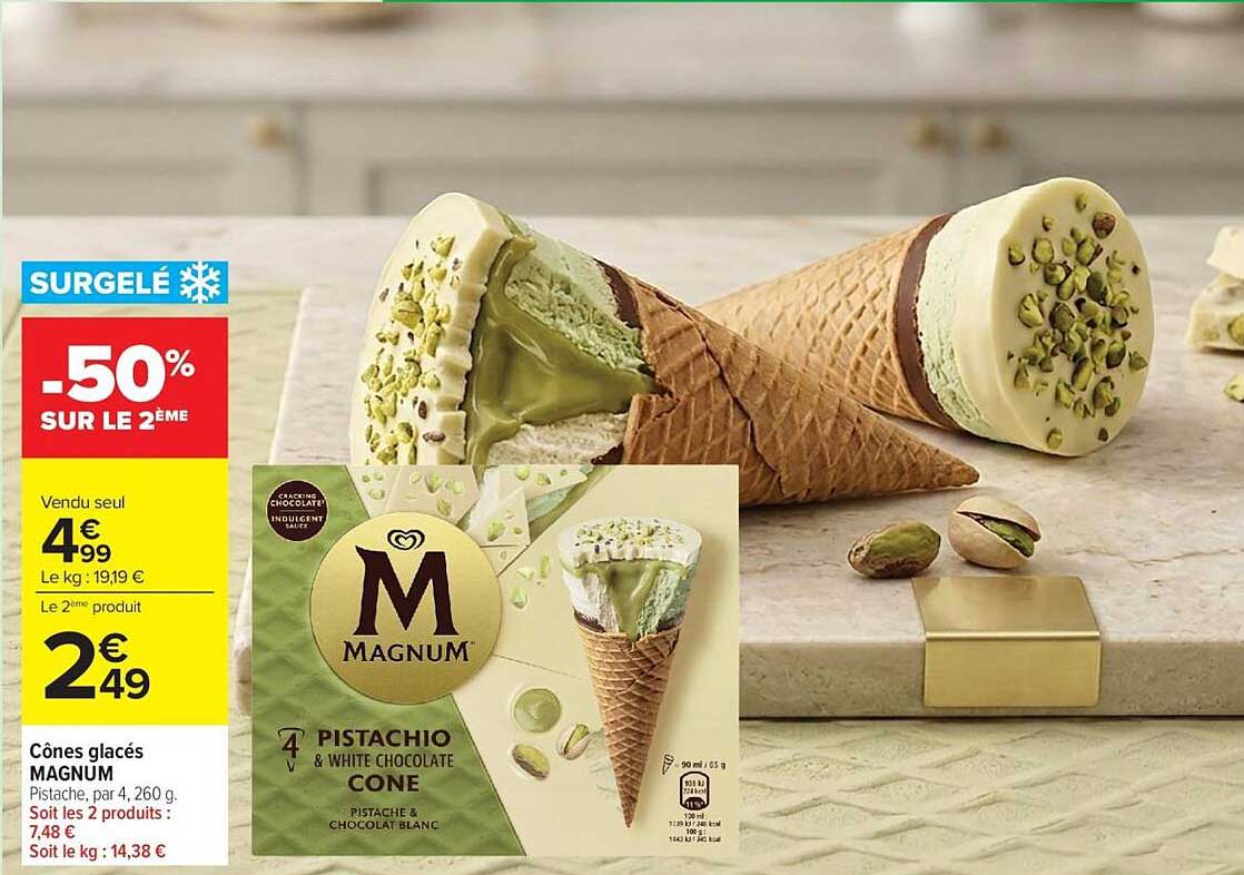 Cônes glacés MAGNUM Pistache, par 4, 260 g. Soit les 2 produits : 7,48 €